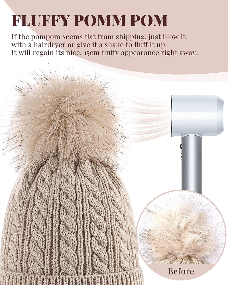 Alepo Womens Winter Beanie Hat, Warm Fleece Lined Knitted Soft Ski Cuff Cap with Pom Pom(Beige) - Image 5